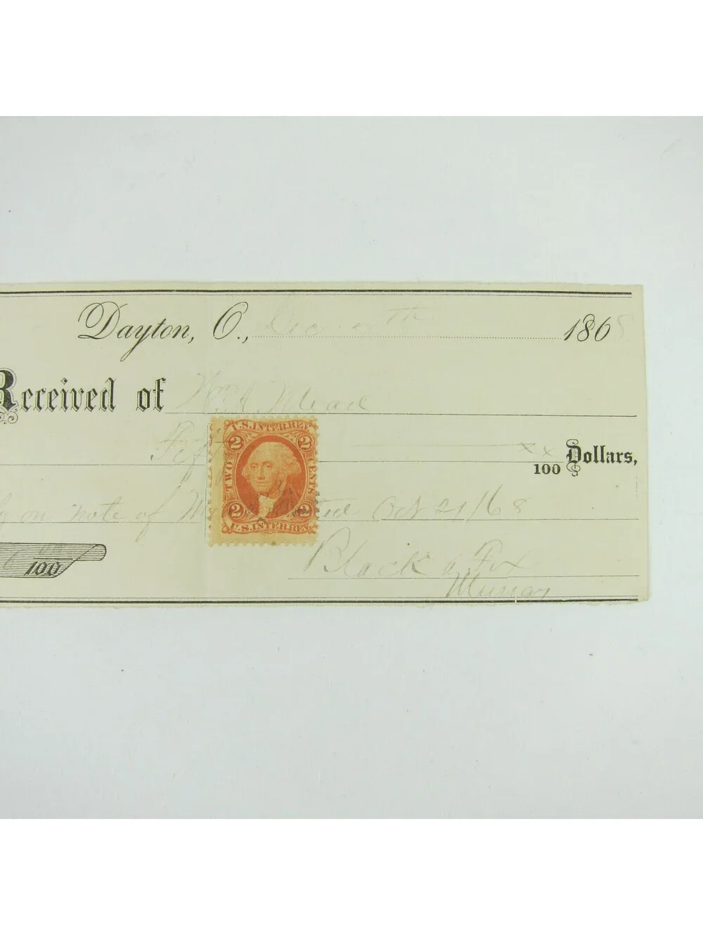 1868 Promissory Note & Two Cent Revenue Stamp Black & Fox Dayton Ohio Antique